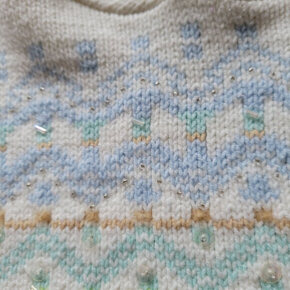 Old Navy Girls Hooded Knit Pullover Sweater With Beaded Pattern Ivory Blue Green - Picture 3 of 4